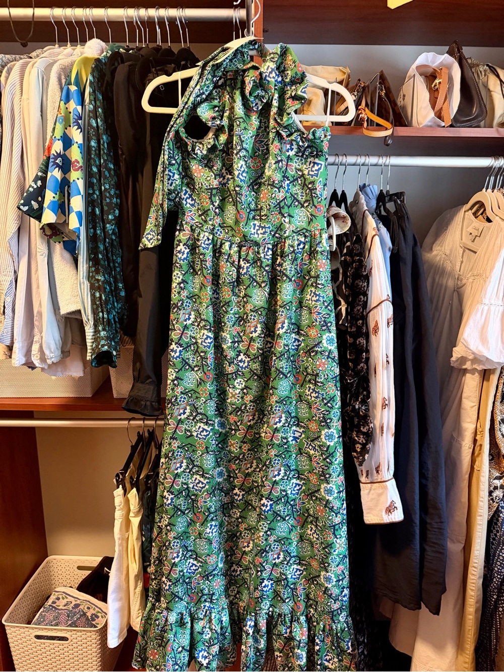 CK Bradley Formal Green Floral Tie-Neck Maxi Dress with Ruffle Hem